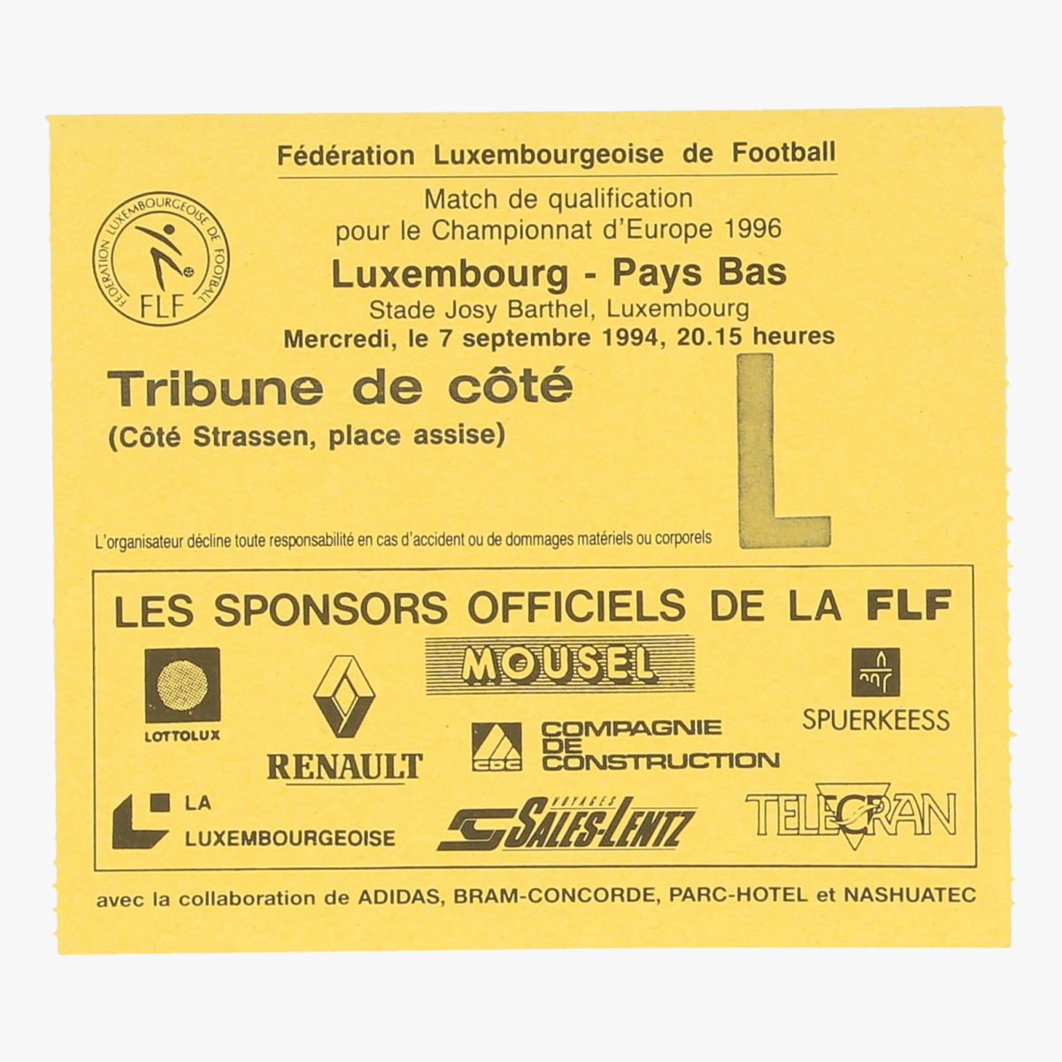 Afbeeldingen van voetbalticket luxembourg - pays bas 7sep 1994