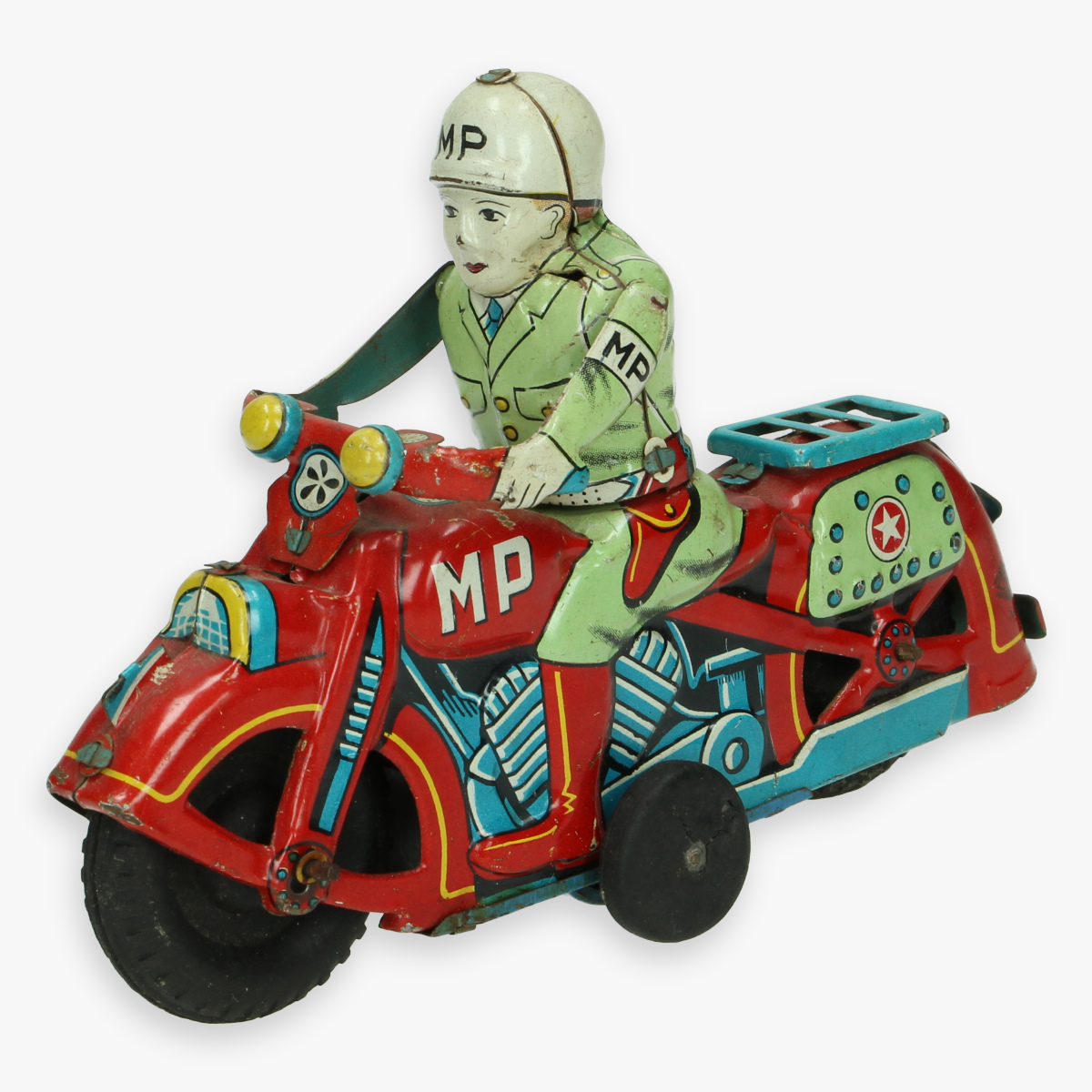Afbeeldingen van tin toy motorcycle M.P. jaren 50 masudaya made in Japan nummerplaat usa 165