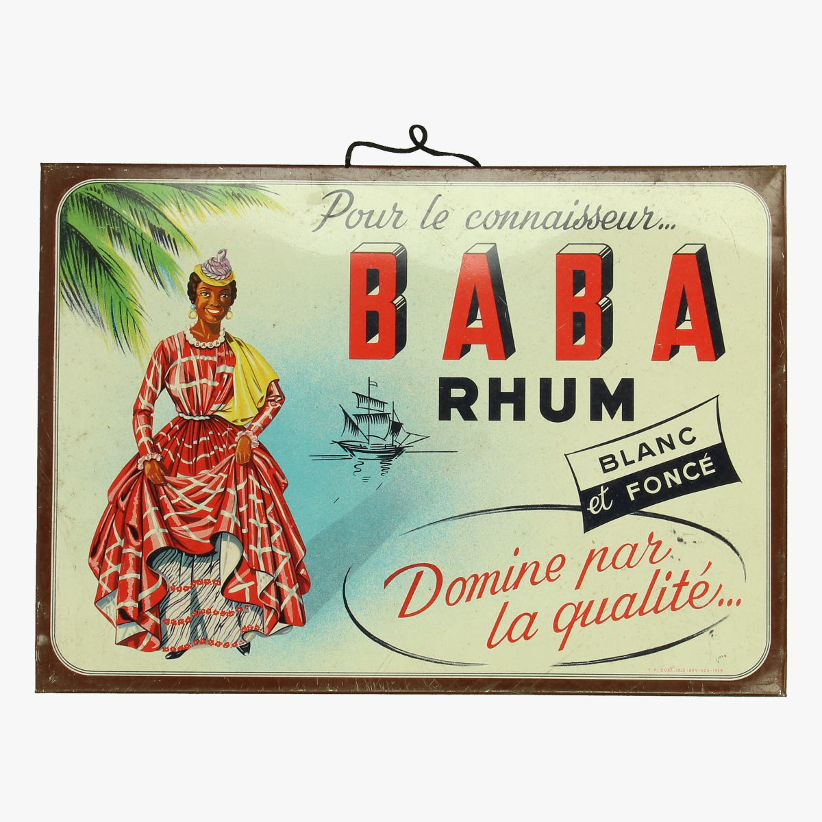Afbeeldingen van blikken reclame bordje BABA RHUM T.B.SOBI. 1958