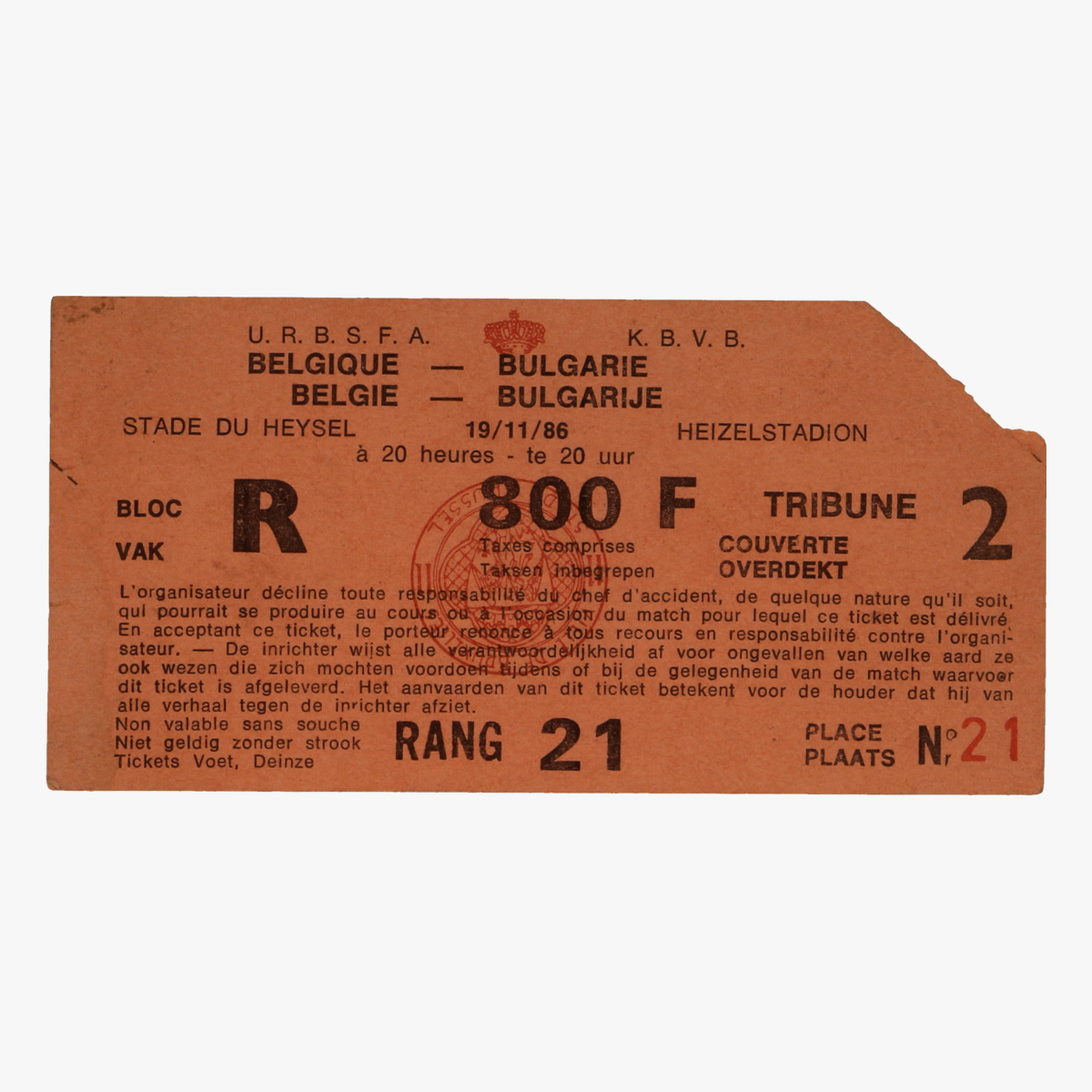 Afbeeldingen van voetbal ticket belgie - bulgarije heizelstadion 1986