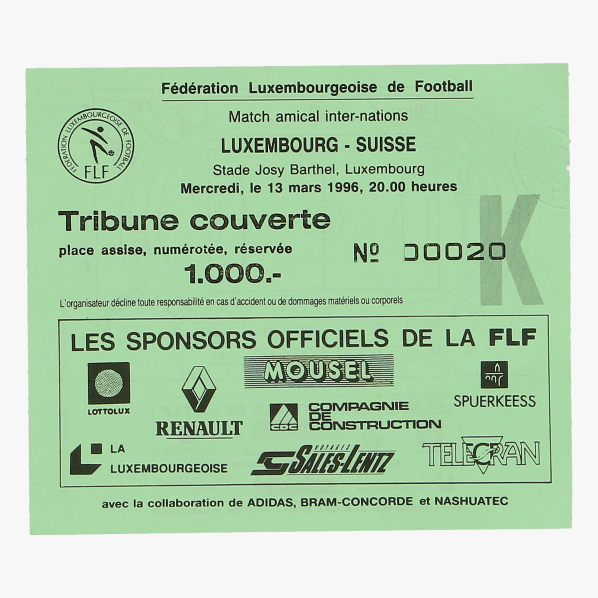 Afbeeldingen van voetbalticket Luxembourg -Suisse 13 mars 1996