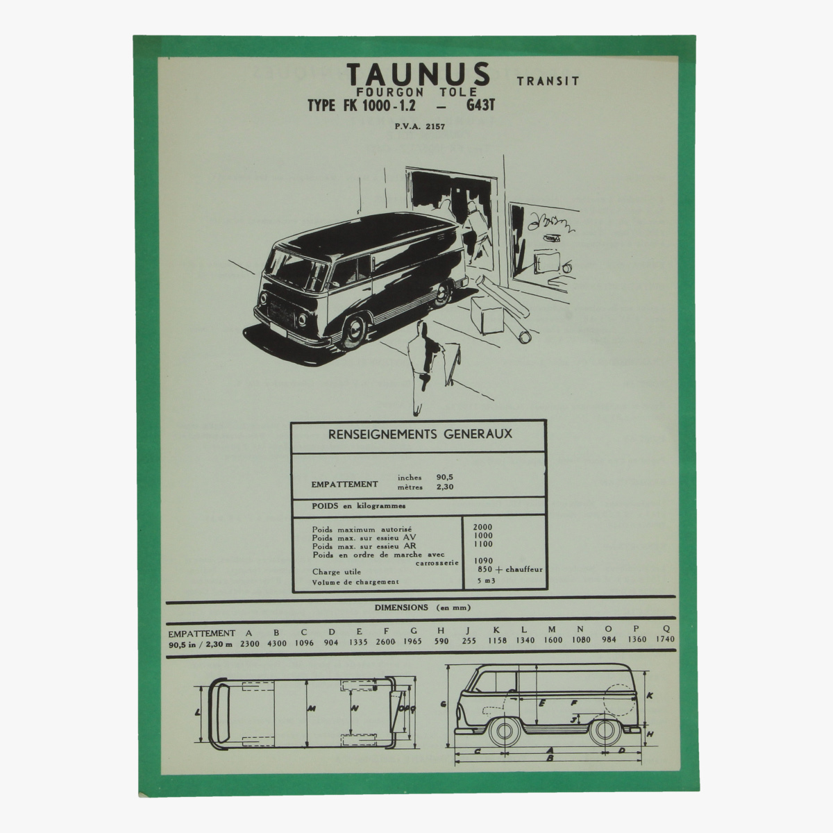 Afbeeldingen van specifications techniques taunus transit fourgon tole type fk 1000 ford motor company
