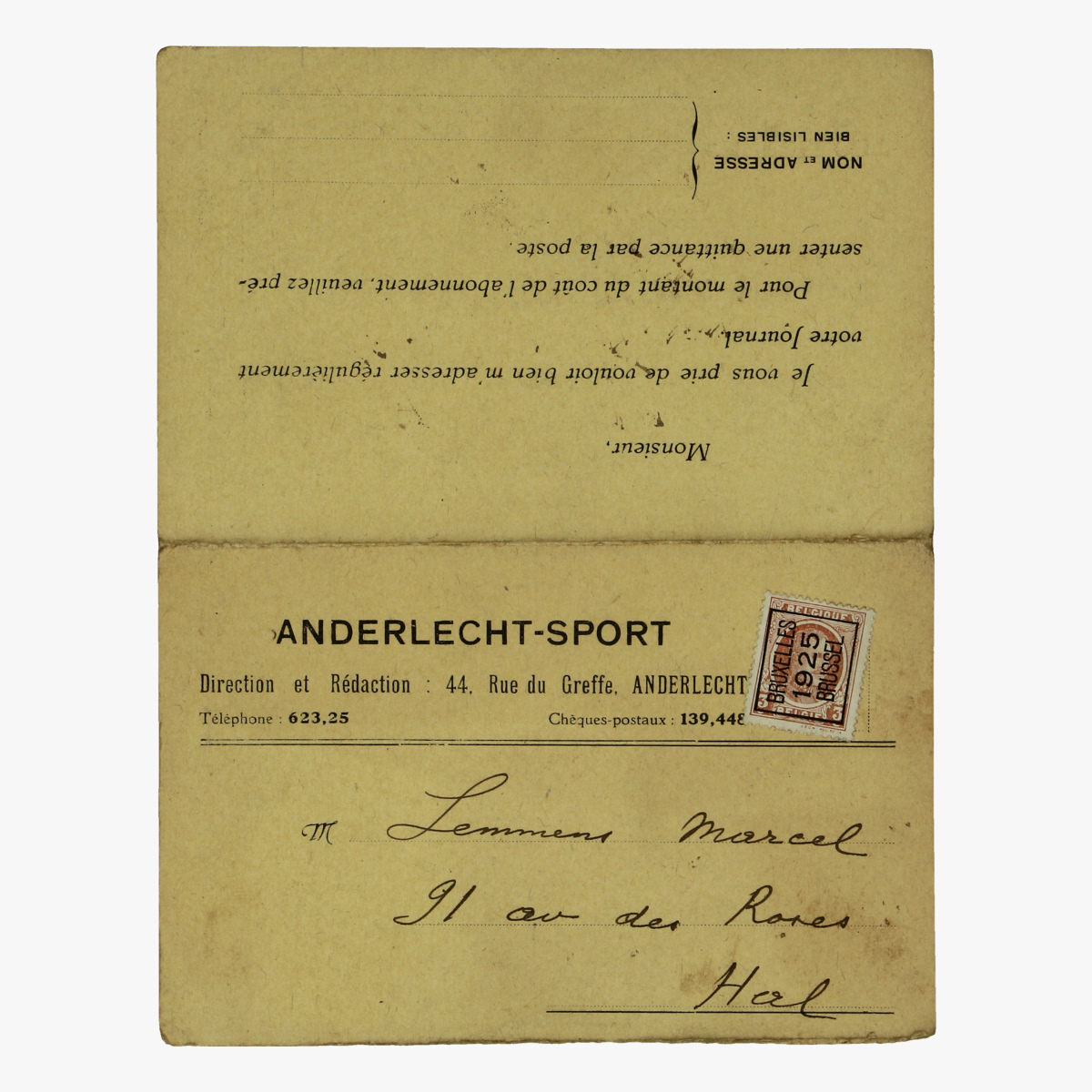 Afbeeldingen van aanvraag formulier voor dagblad anderlechtsport 1925