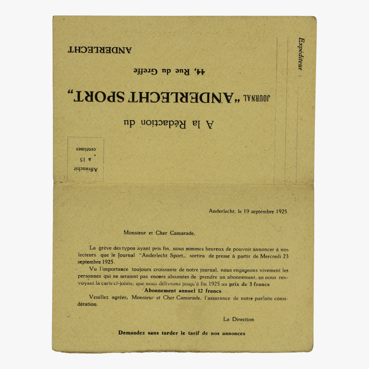 Afbeeldingen van aanvraag formulier voor dagblad anderlechtsport 1925