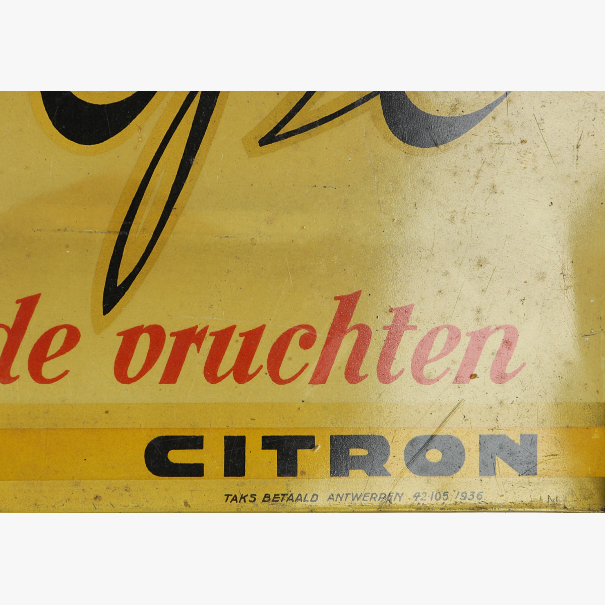 Afbeeldingen van blikken reclame bordje 1936 DRINKT Elvépé het sap van goede vruchten orange citron