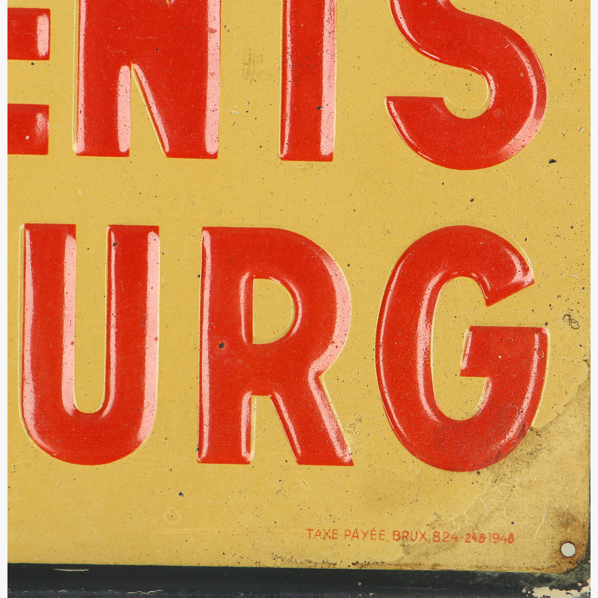 Afbeeldingen van blikken reclame bordje 1948 superior portland cement S.A CIMENTS d' OBOURG