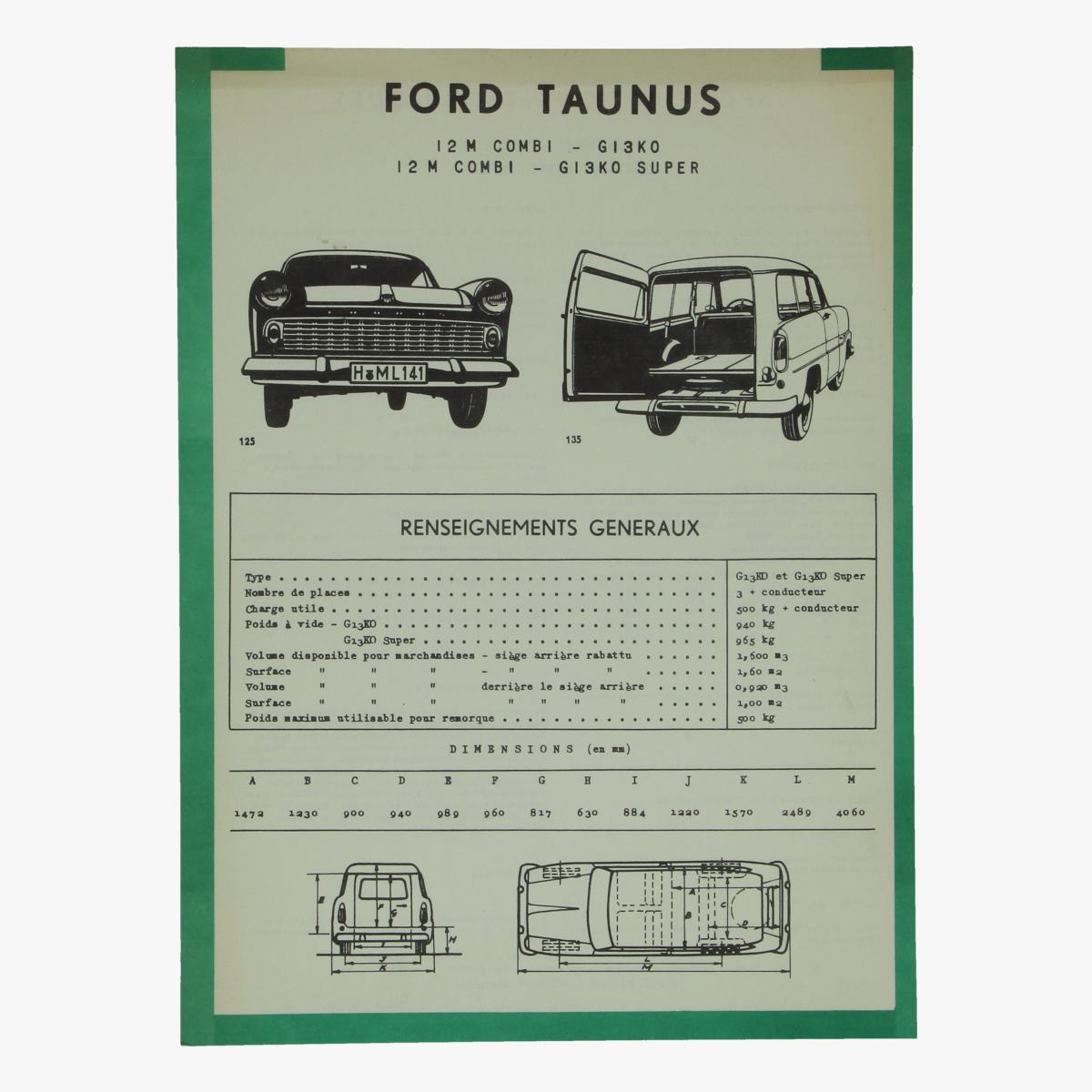 Afbeeldingen van specifications techniques ford taunus 12m combi - g13ko ford motor comp.