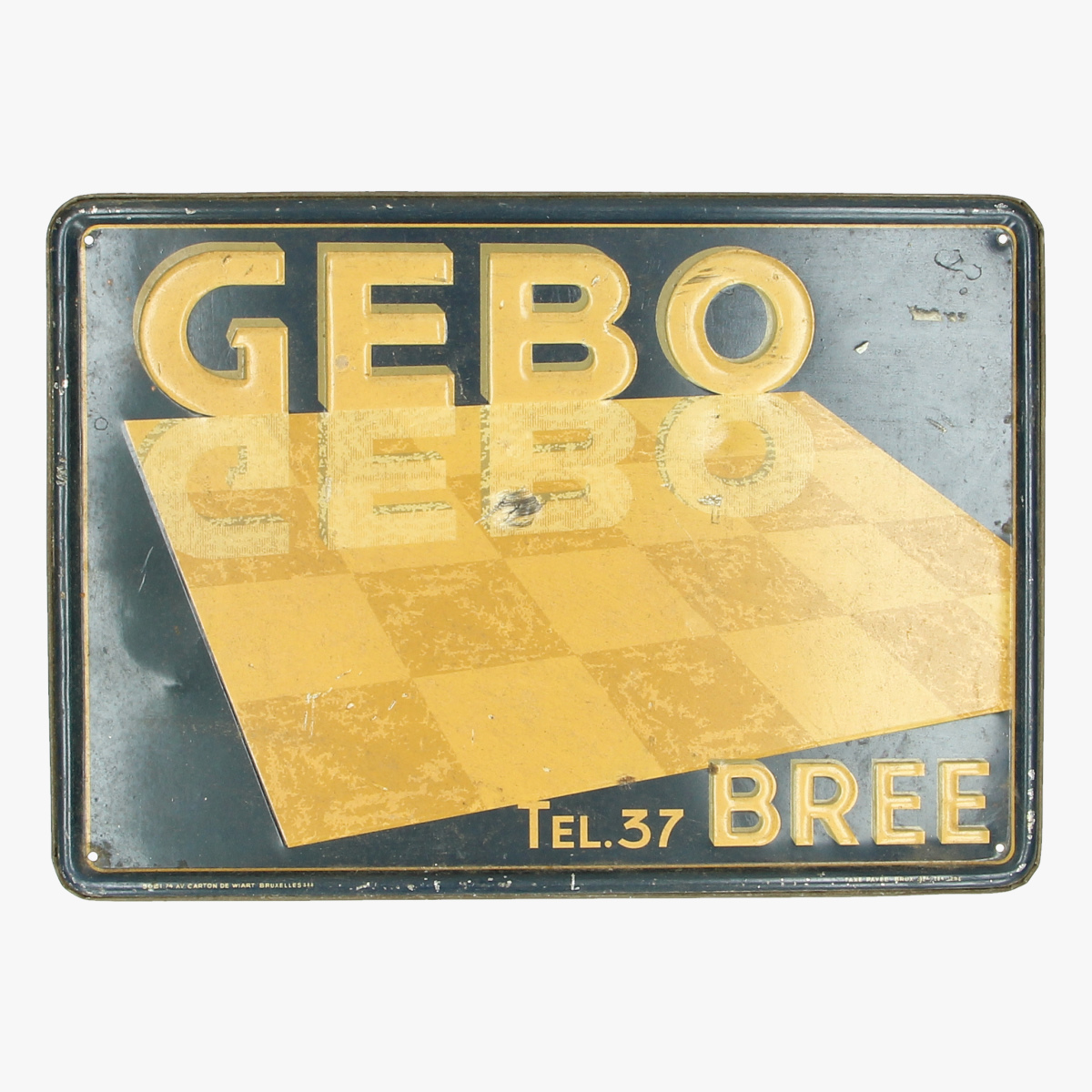 Afbeeldingen van blikken reclame bordje GEBO BREE 1946  