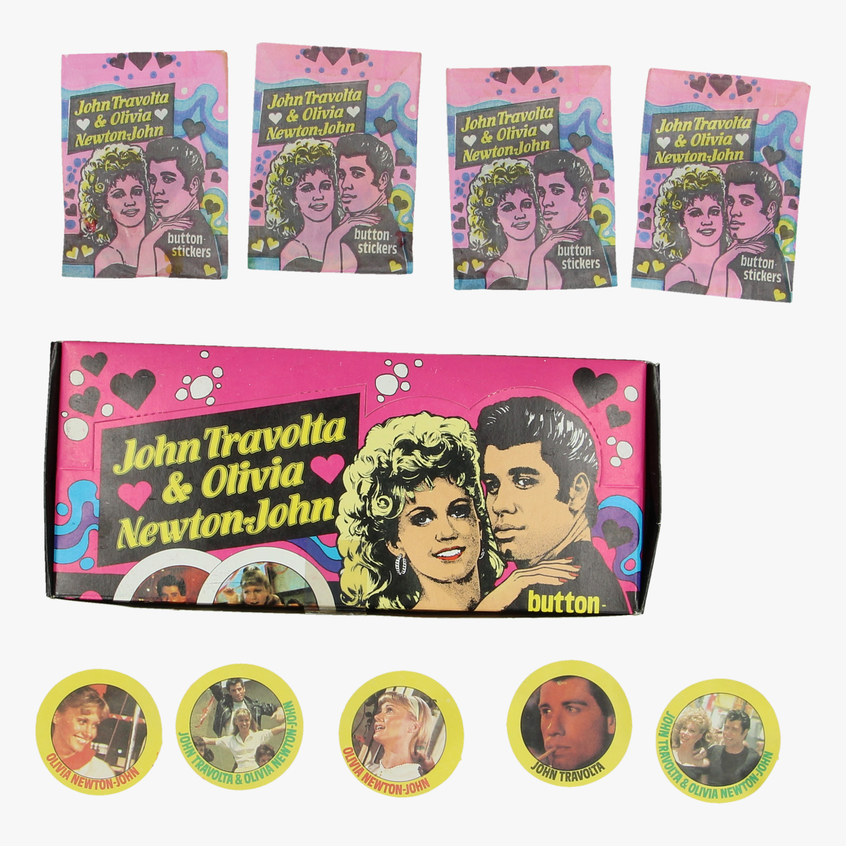 Afbeeldingen van vintage vollde doos button stickers john travolta & olivia newton-john